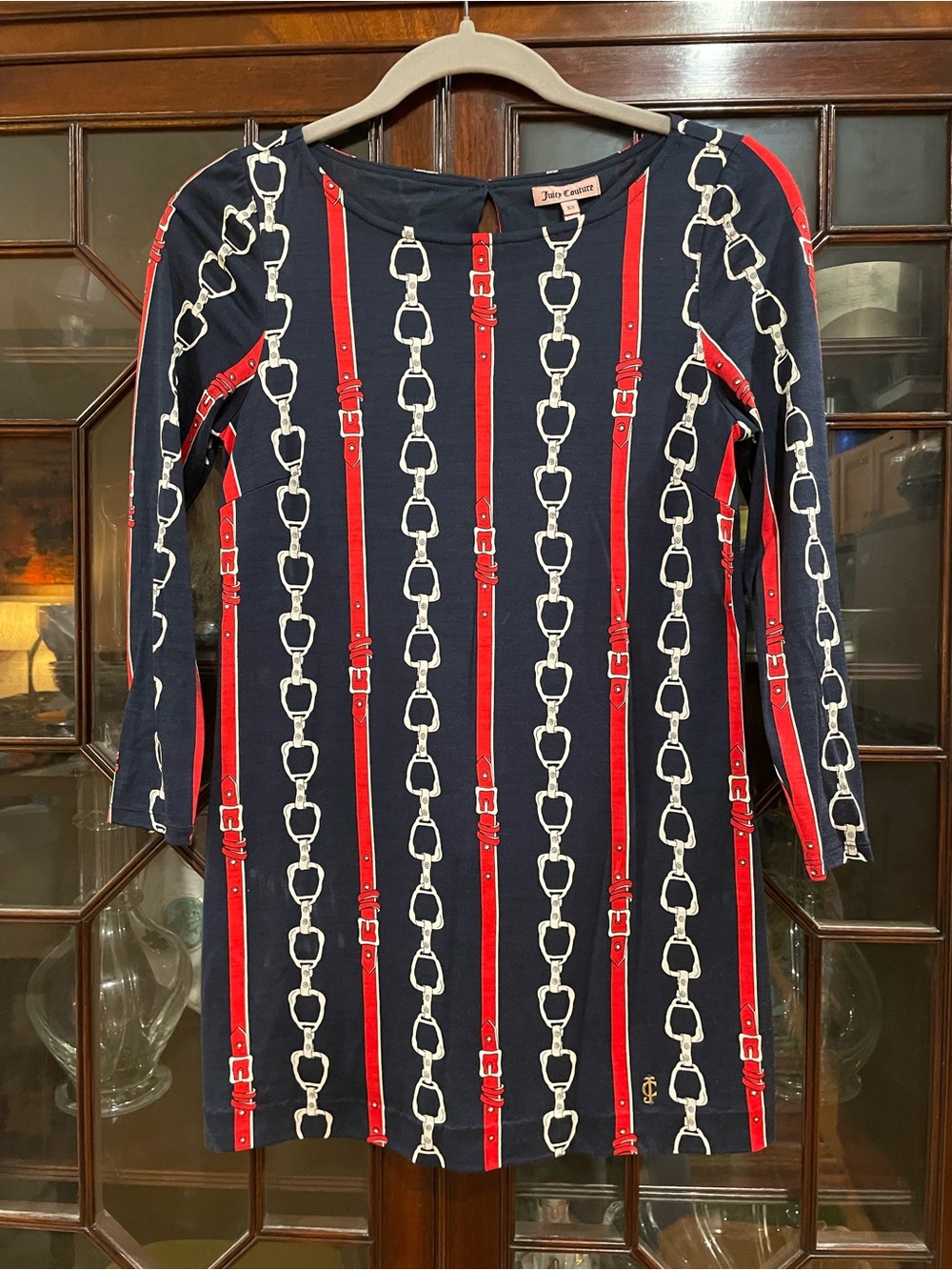 Juicy Couture Navy & Red Chain-Print Mini Dress EUC
